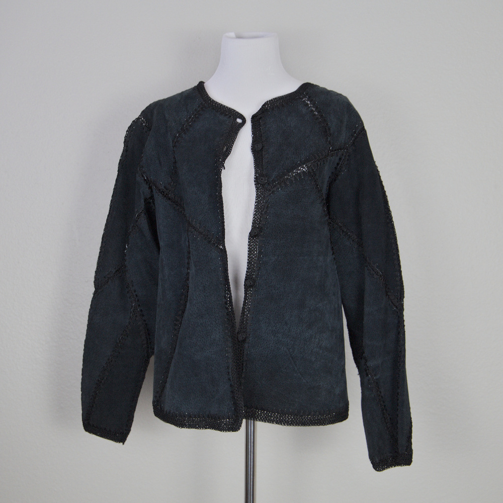 Leather Suede Patchwork Jacket Crochet Knit - image 1